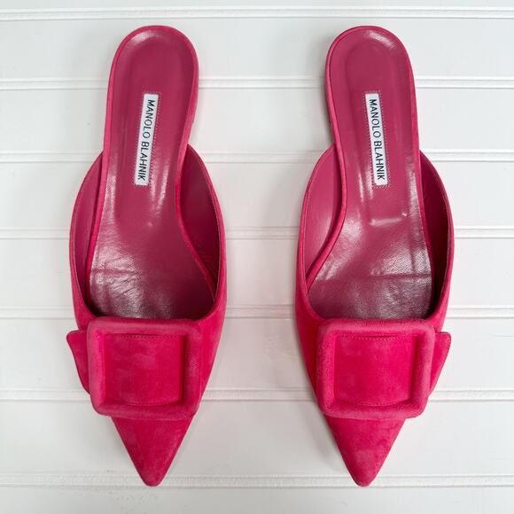 Manolo Blahnik Maysale Flat Mule Buckle Shoe Ballerina Pointed Toe Bright Pink - Picture 8 of 10